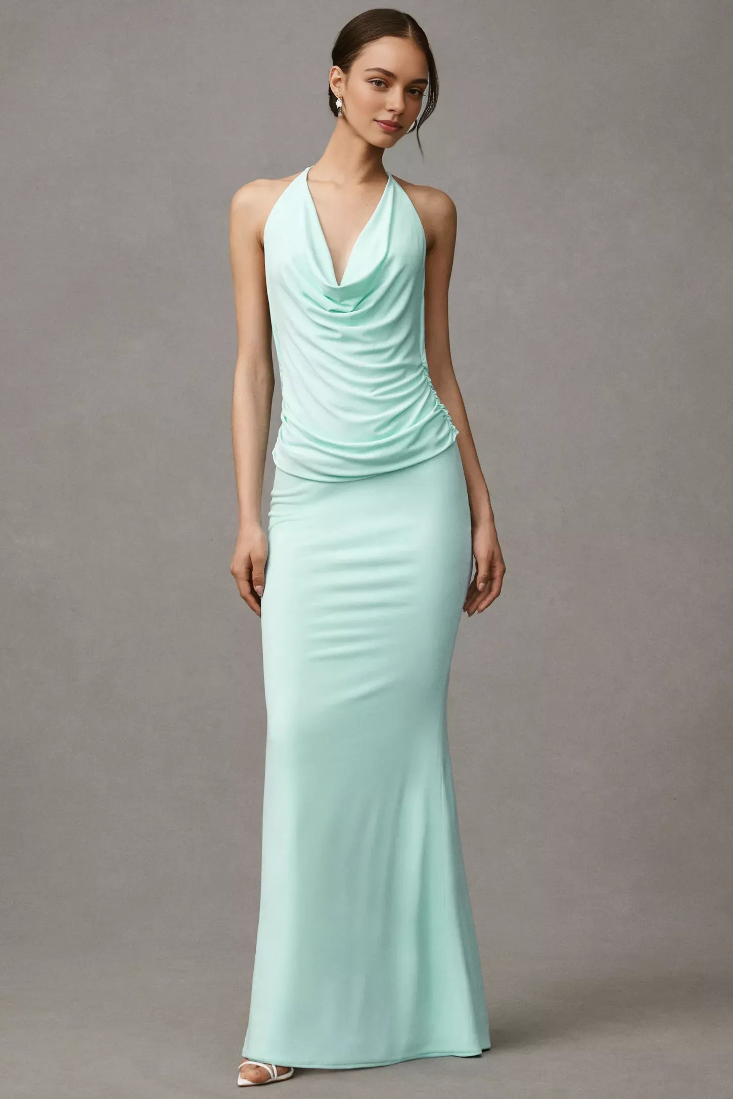 Weitese Dress Halter Cowl-Neck Mermaid Ruched Maxi Dress Open Back Sky Blue Prom Dress